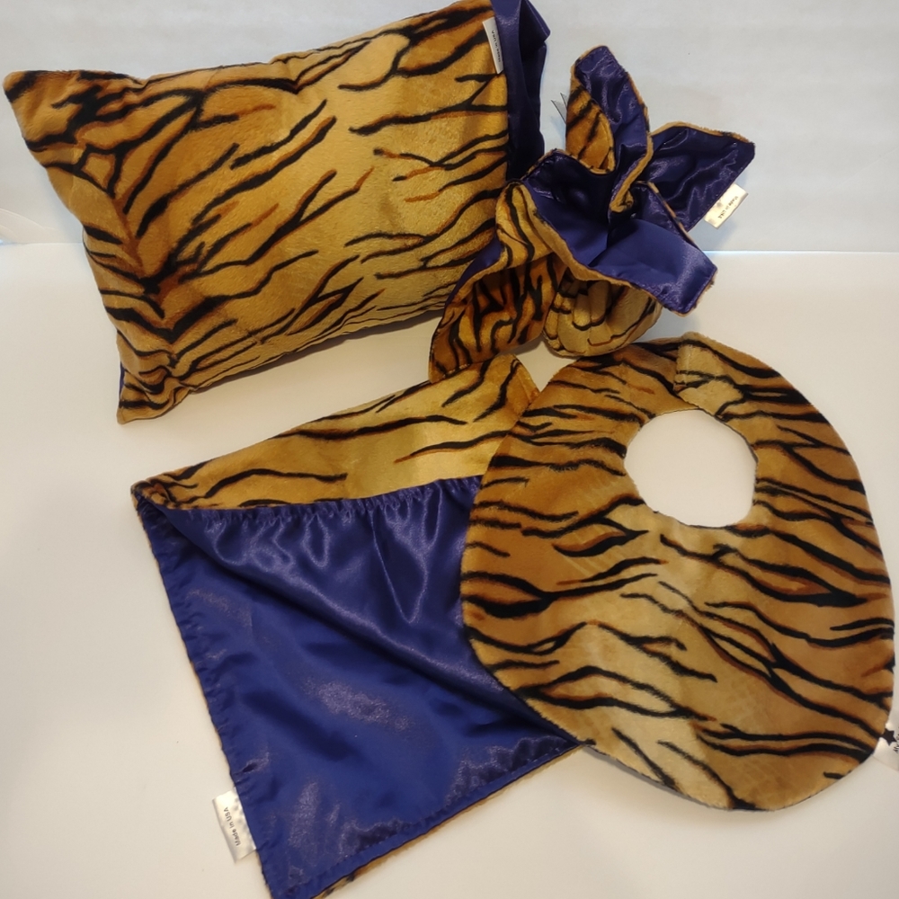 4 pc Baby Bengal Tiger Stripe Set. Pillow, Bib, 2 burp clothes
